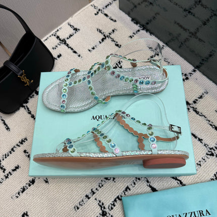 AQUAZZURA 26S FLAT SANDALS IN METALLIC MINT SNAKESKIN CRYSTAL-EMBELLISHED