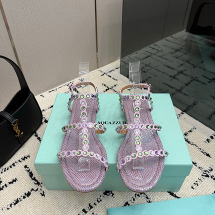 AQUAZZURA 26S FLAT SANDALS IN LIGHT PURPLE SNAKESKIN CRYSTAL-EMBELLISHED