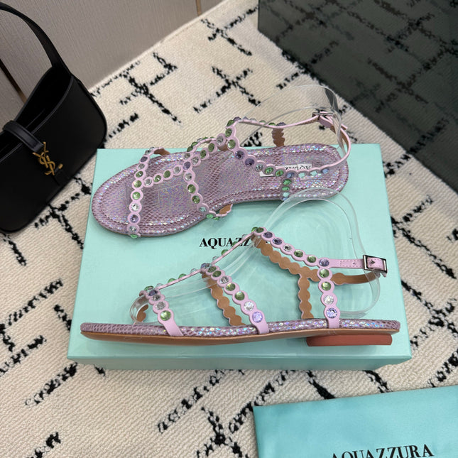 AQUAZZURA 26S FLAT SANDALS IN LIGHT PURPLE SNAKESKIN CRYSTAL-EMBELLISHED