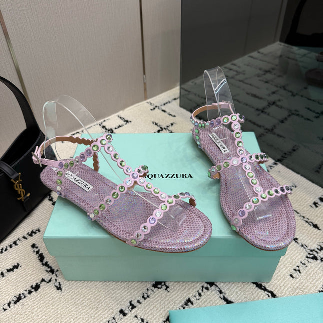 AQUAZZURA 26S FLAT SANDALS IN LIGHT PURPLE SNAKESKIN CRYSTAL-EMBELLISHED