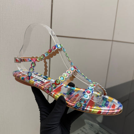 AQUAZZURA 26S FLAT SANDALS IN MULTICOLOR LAMBSKIN CRYSTAL-EMBELLISHED