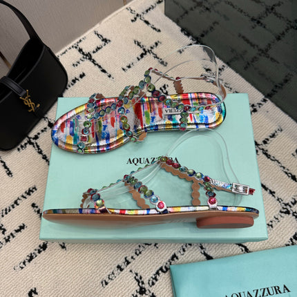 AQUAZZURA 26S FLAT SANDALS IN MULTICOLOR LAMBSKIN CRYSTAL-EMBELLISHED