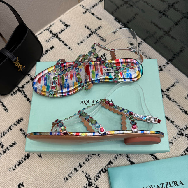 AQUAZZURA 26S FLAT SANDALS IN MULTICOLOR LAMBSKIN CRYSTAL-EMBELLISHED