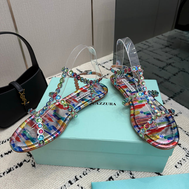 AQUAZZURA 26S FLAT SANDALS IN MULTICOLOR LAMBSKIN CRYSTAL-EMBELLISHED