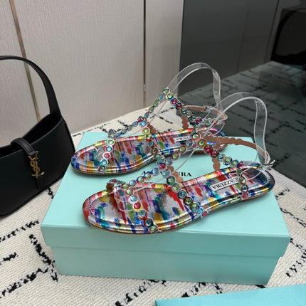 AQUAZZURA 26S FLAT SANDALS IN MULTICOLOR LAMBSKIN CRYSTAL-EMBELLISHED