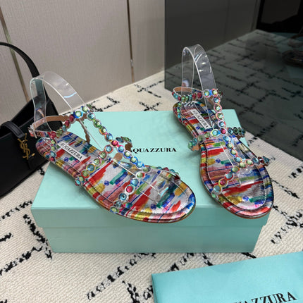 AQUAZZURA 26S FLAT SANDALS IN MULTICOLOR LAMBSKIN CRYSTAL-EMBELLISHED