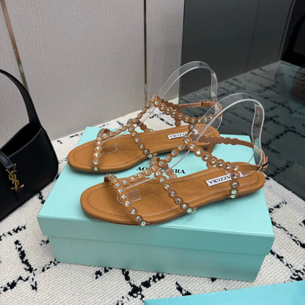 AQUAZZURA 26S FLAT SANDALS IN BROWN LAMBSKIN CRYSTAL-EMBELLISHED
