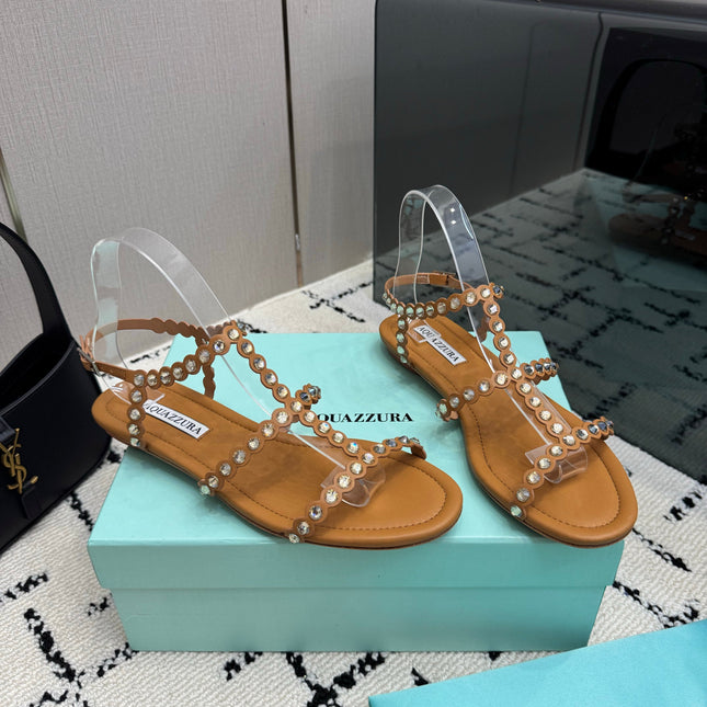 AQUAZZURA 26S FLAT SANDALS IN BROWN LAMBSKIN CRYSTAL-EMBELLISHED