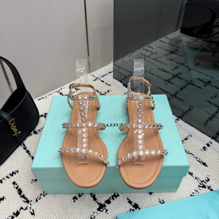 AQUAZZURA 26S FLAT SANDALS IN NUDE LAMBSKIN CRYSTAL-EMBELLISHED