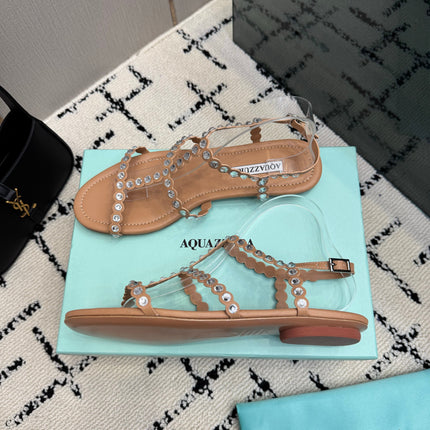 AQUAZZURA 26S FLAT SANDALS IN NUDE LAMBSKIN CRYSTAL-EMBELLISHED