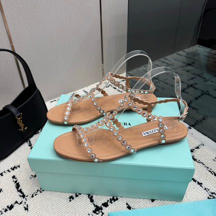 AQUAZZURA 26S FLAT SANDALS IN NUDE LAMBSKIN CRYSTAL-EMBELLISHED