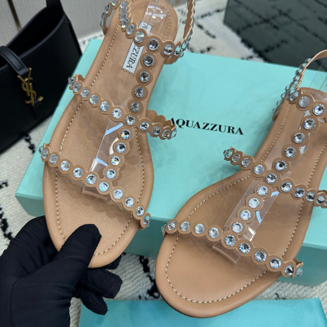 AQUAZZURA 26S FLAT SANDALS IN NUDE LAMBSKIN CRYSTAL-EMBELLISHED