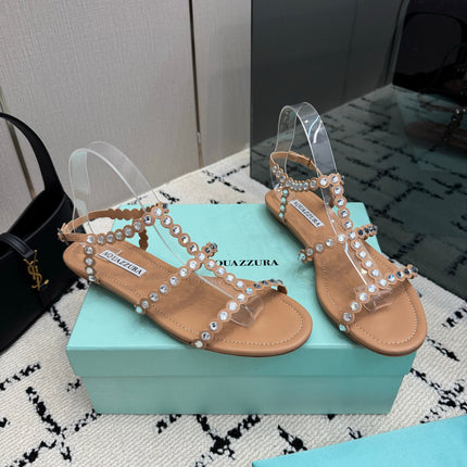 AQUAZZURA 26S FLAT SANDALS IN NUDE LAMBSKIN CRYSTAL-EMBELLISHED