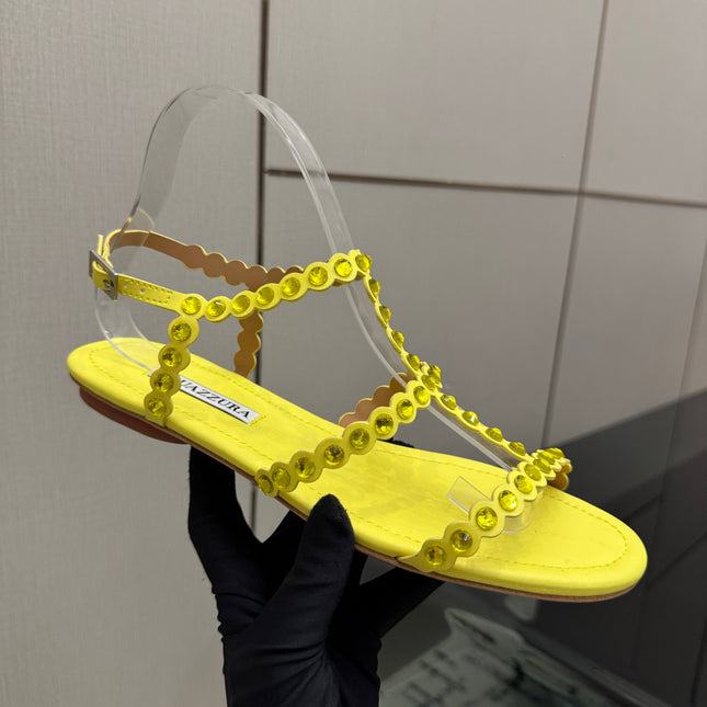 AQUAZZURA 26S FLAT SANDALS IN YELLOW LAMBSKIN CRYSTAL-EMBELLISHED