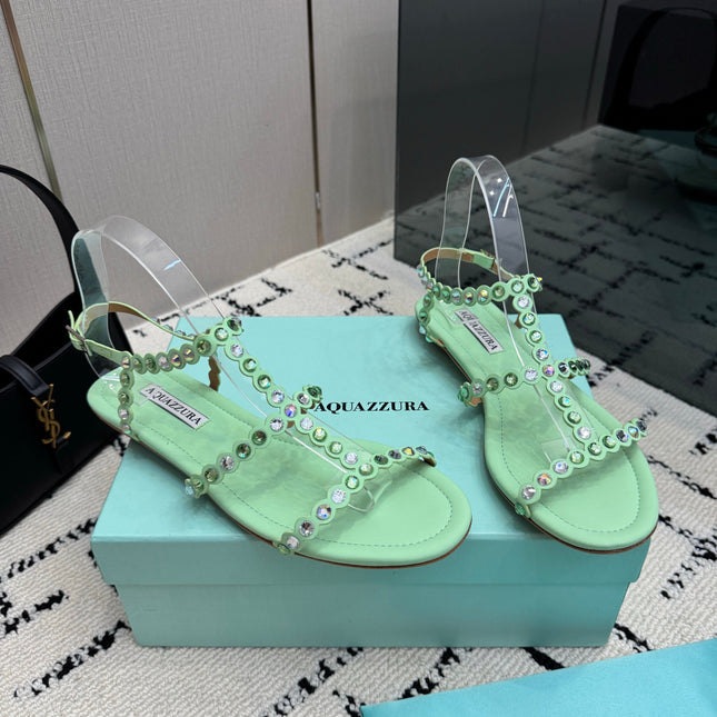 AQUAZZURA 26S FLAT SANDALS IN MINT GREEN LAMBSKIN CRYSTAL-EMBELLISHED