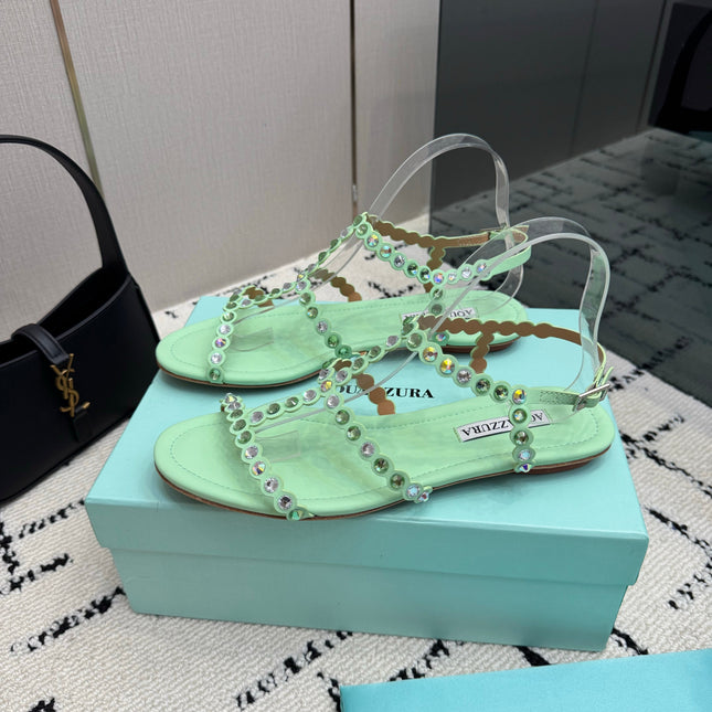 AQUAZZURA 26S FLAT SANDALS IN MINT GREEN LAMBSKIN CRYSTAL-EMBELLISHED