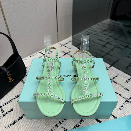 AQUAZZURA 26S FLAT SANDALS IN MINT GREEN LAMBSKIN CRYSTAL-EMBELLISHED
