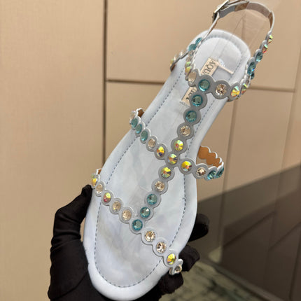 AQUAZZURA 26S FLAT SANDALS IN PASTEL BLUE LAMBSKIN CRYSTAL-EMBELLISHED