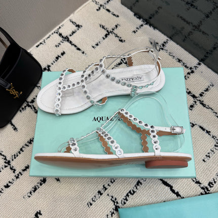 AQUAZZURA 26S FLAT SANDALS IN CREAM WHITE LAMBSKIN CRYSTAL-EMBELLISHED
