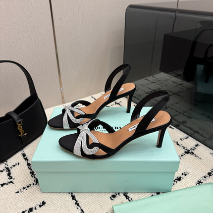 AQUAZZURA 26S HEEL SANDALS 80 MM IN BLACK SATIN CRYSTAL STONES