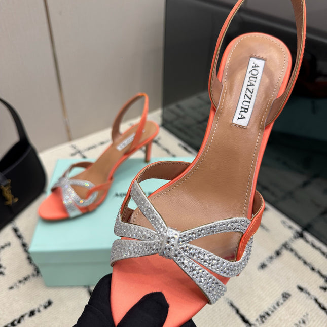 AQUAZZURA 26S HEEL SANDALS 80 MM IN ORANGE SATIN CRYSTAL STONES