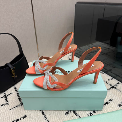 AQUAZZURA 26S HEEL SANDALS 80 MM IN ORANGE SATIN CRYSTAL STONES