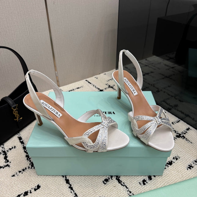 AQUAZZURA 26S HEEL SANDALS 80 MM IN CREAM WHITE SATIN CRYSTAL STONES