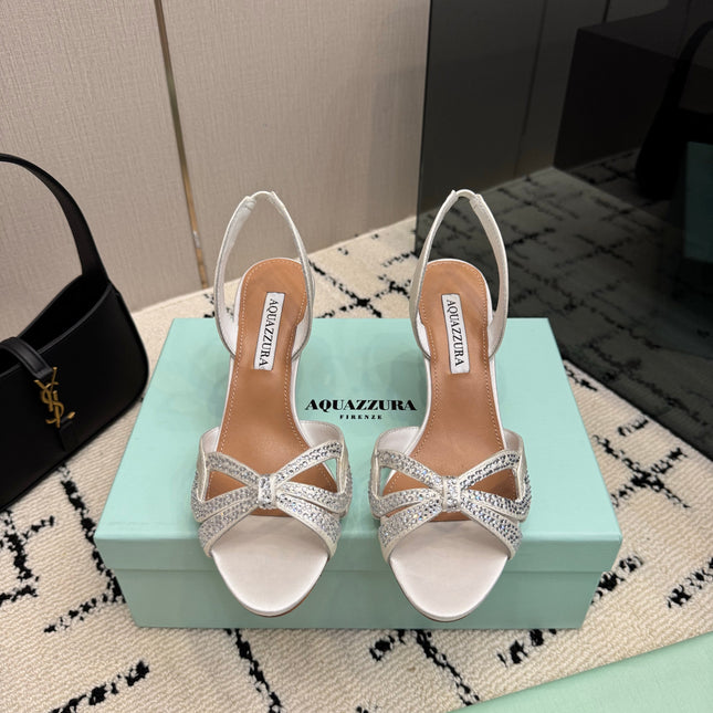 AQUAZZURA 26S HEEL SANDALS 80 MM IN CREAM WHITE SATIN CRYSTAL STONES