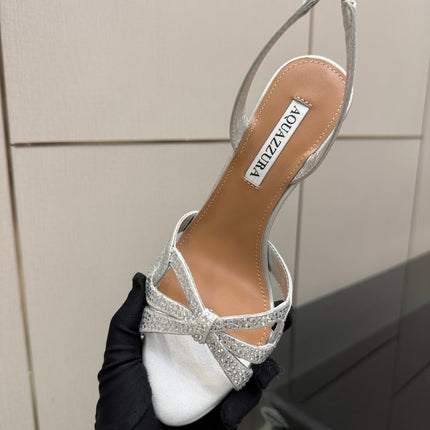 AQUAZZURA 26S HEEL SANDALS 80 MM IN SILVER CALFSKIN CRYSTAL STONES