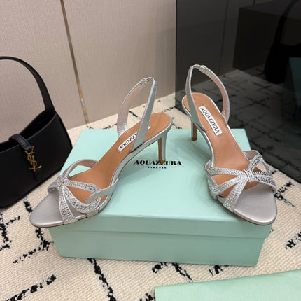 AQUAZZURA 26S HEEL SANDALS 80 MM IN SILVER CALFSKIN CRYSTAL STONES