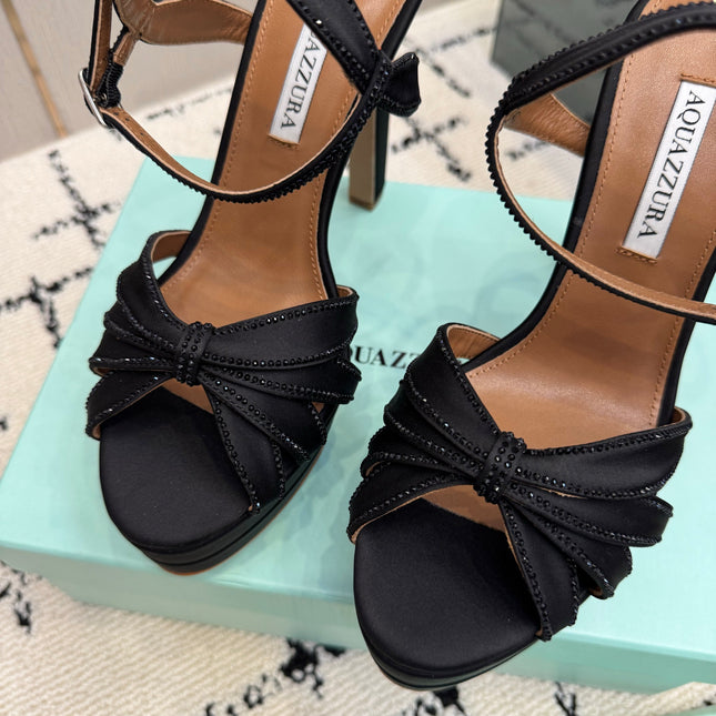 AQUAZZURA 26S HEEL SANDALS 135 MM IN BLACK SATIN RHINESTONE