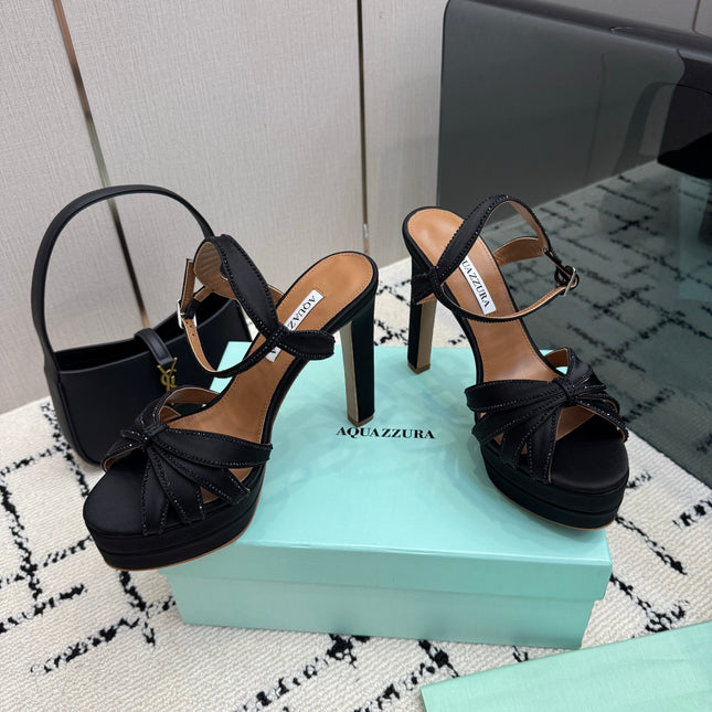 AQUAZZURA 26S HEEL SANDALS 135 MM IN BLACK SATIN RHINESTONE