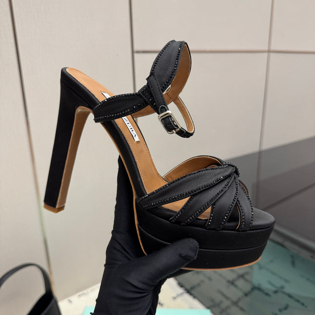AQUAZZURA 26S HEEL SANDALS 135 MM IN BLACK SATIN RHINESTONE