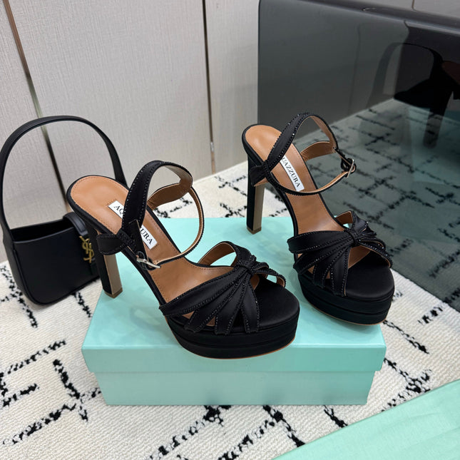 AQUAZZURA 26S HEEL SANDALS 135 MM IN BLACK SATIN RHINESTONE