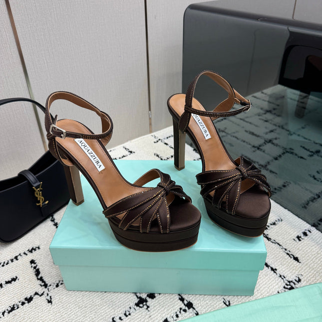 AQUAZZURA 26S HEEL SANDALS 135 MM IN DARK BROWN SATIN RHINESTONE