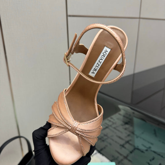 AQUAZZURA 26S HEEL SANDALS 135 MM IN NUDE SATIN RHINESTONE