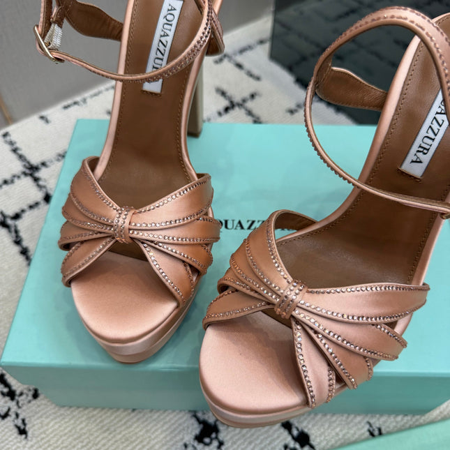 AQUAZZURA 26S HEEL SANDALS 135 MM IN NUDE SATIN RHINESTONE