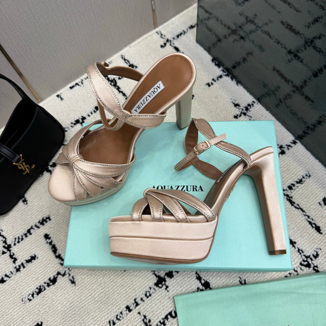 AQUAZZURA 26S HEEL SANDALS 135 MM IN BEIGE SATIN RHINESTONE