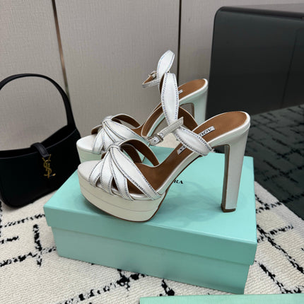 AQUAZZURA 26S HEEL SANDALS 135 MM IN CREAM WHITE SATIN RHINESTONE