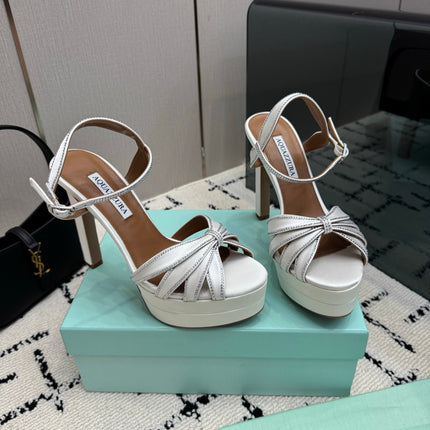 AQUAZZURA 26S HEEL SANDALS 135 MM IN CREAM WHITE SATIN RHINESTONE