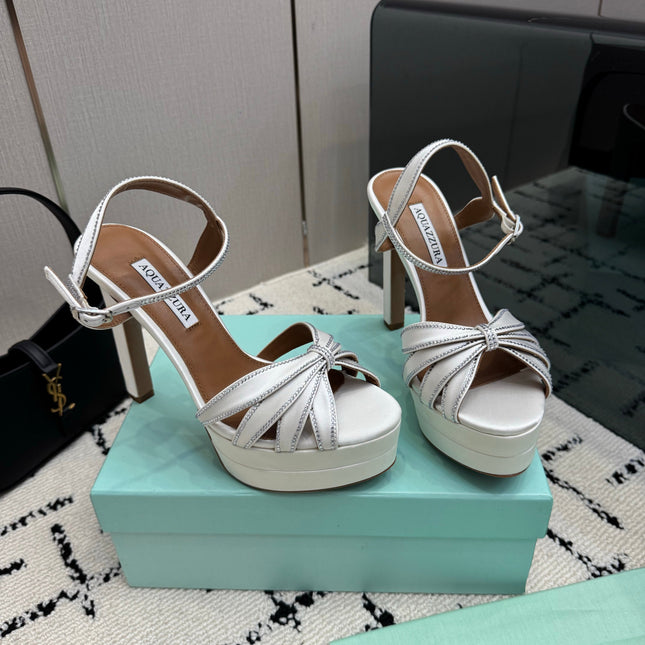 AQUAZZURA 26S HEEL SANDALS 135 MM IN CREAM WHITE SATIN RHINESTONE