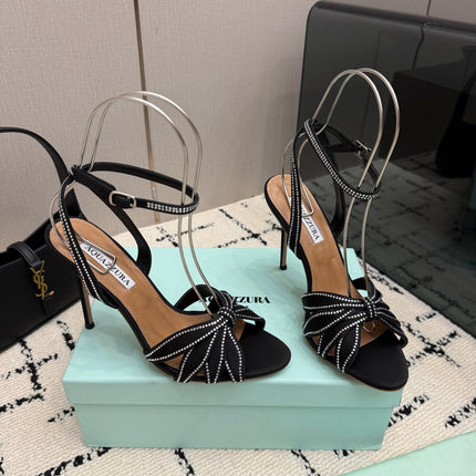 AQUAZZURA 26S HEEL SANDALS 105 MM IN BLACK SATIN RHINESTONE