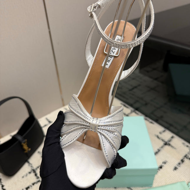 AQUAZZURA 26S HEEL SANDALS 105 MM IN SILVER SATIN RHINESTONE