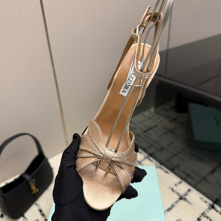 AQUAZZURA 26S HEEL SANDALS 105 MM IN BEIGE SATIN RHINESTONE