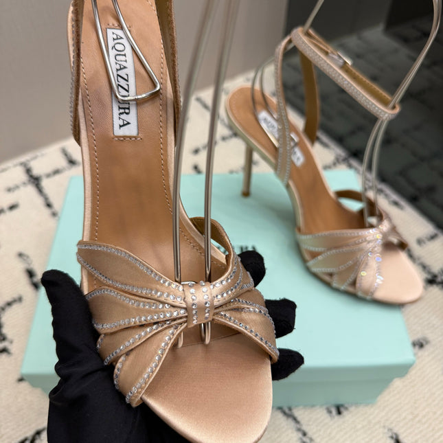 AQUAZZURA 26S HEEL SANDALS 105 MM IN BEIGE SATIN RHINESTONE
