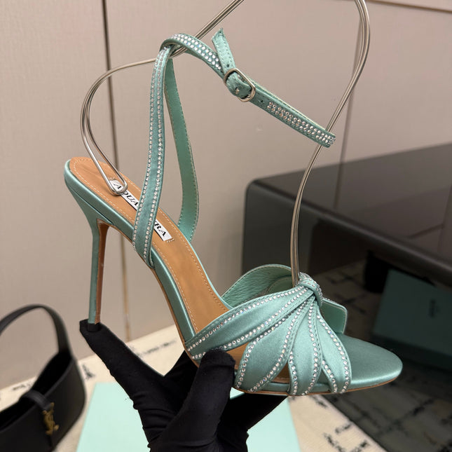 AQUAZZURA 26S HEEL SANDALS 105 MM IN MINT GREEN SATIN RHINESTONE