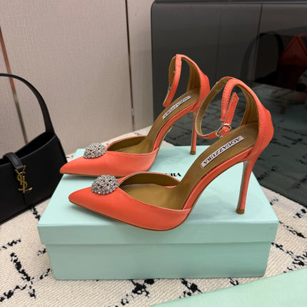 AQUAZZURA 26S POINTED-TOE PUMPS 105 MM IN LIGHT ORANGE SATIN