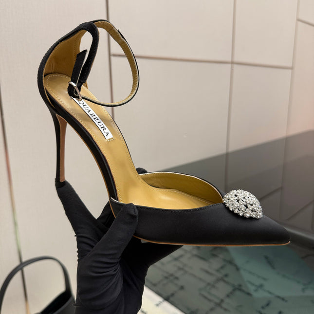 AQUAZZURA 26S POINTED-TOE PUMPS 105 MM IN BLACK SATIN
