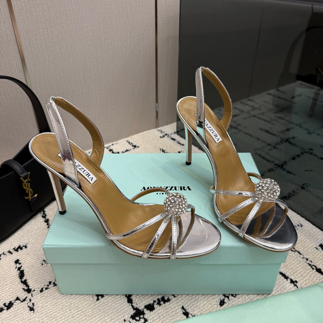 AQUAZZURA 26S STRAPPY HEELS 105 MM IN SILVER CALFSKIN