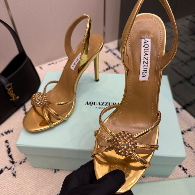 AQUAZZURA 26S STRAPPY HEELS 105 MM IN GOLD CALFSKIN